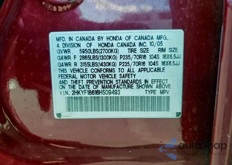 2006 Honda Pilot Ex z USA, uszkodzony, nr VIN 2HKYF18616H509493